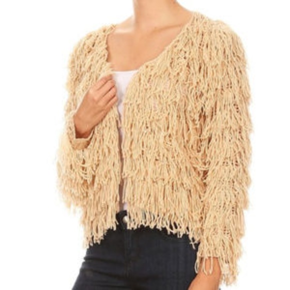 Last 1! Fringe Open Front Sweater Cardigan Tan - Picture 2 of 4